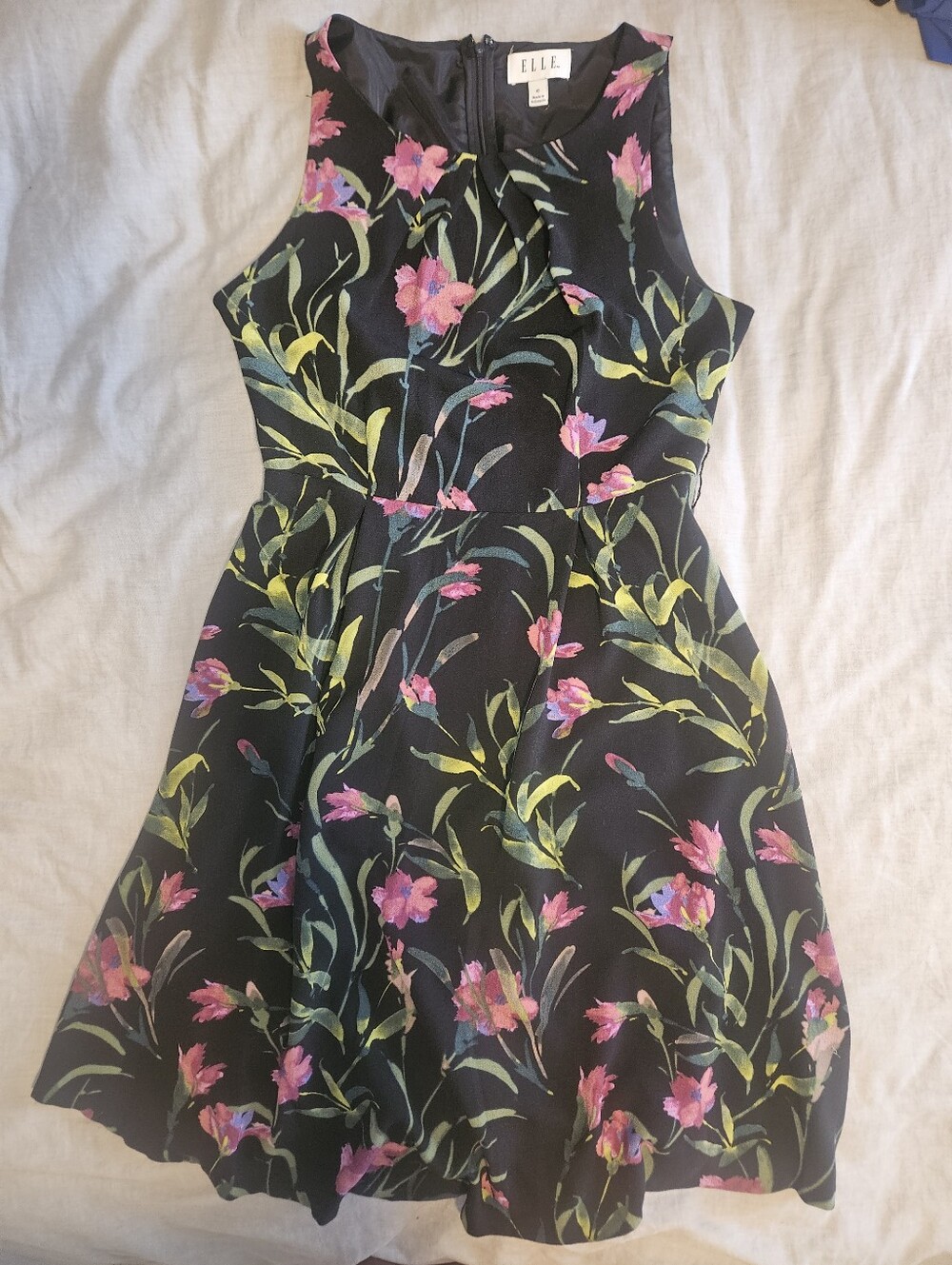 Vintage Elle Black Dress with Pink and Green Floral Accents